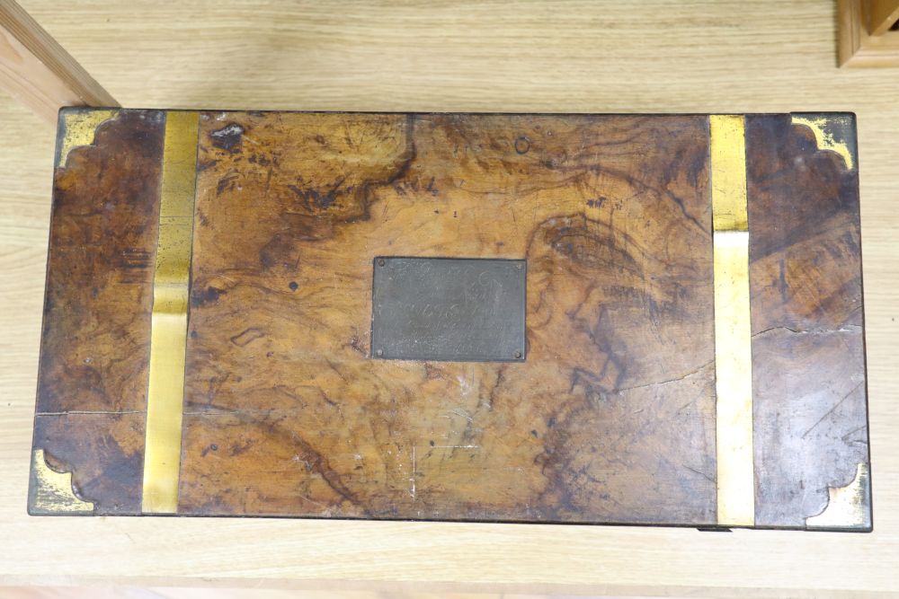 A George III burr walnut brass bound writing slope, length 50cm